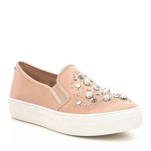 Satin Rose Gold Rhinestone Slip Ons